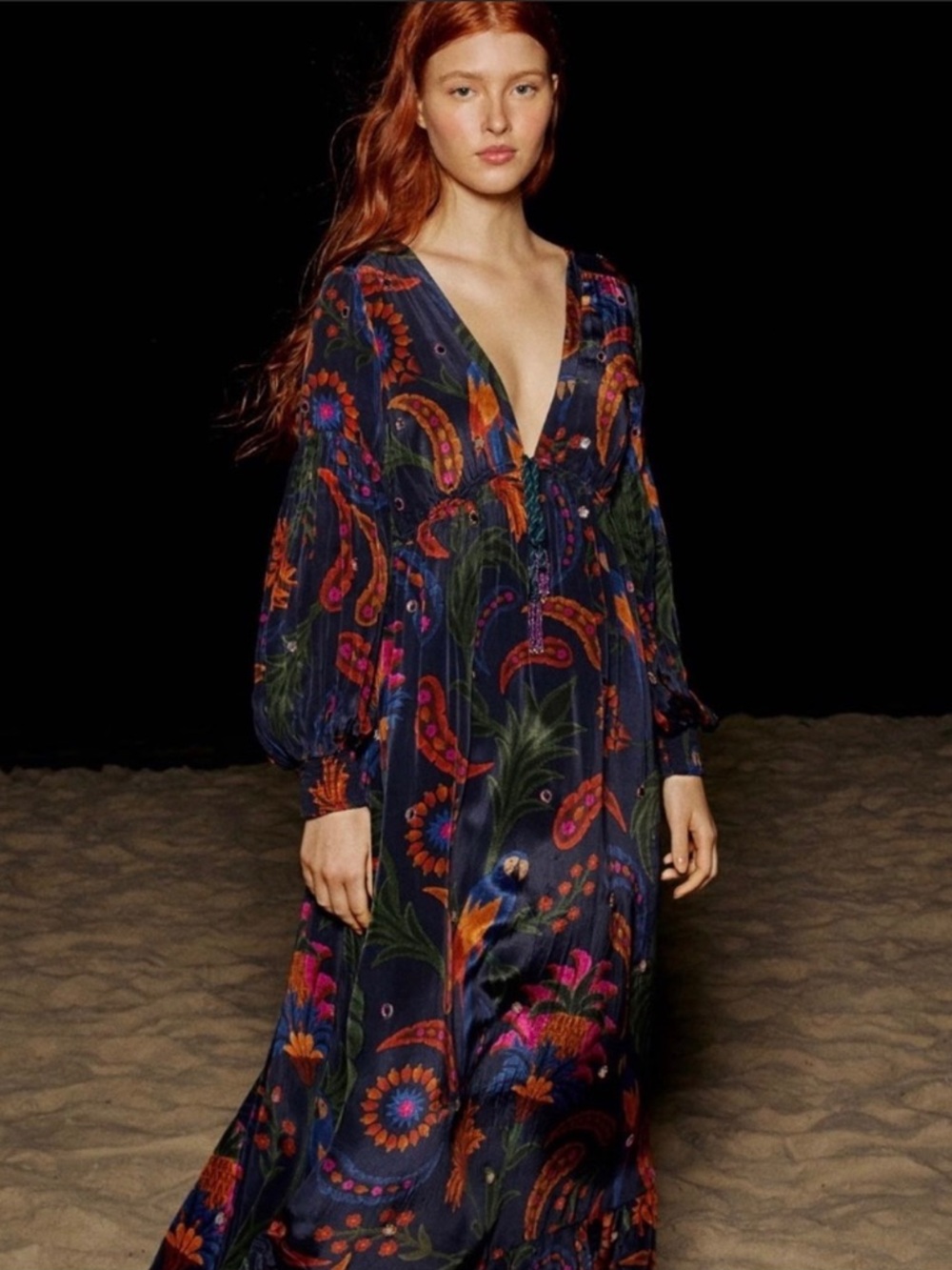 NWOT FARM Rio Tropical Tapestry Maxi Dress XS l $376 Midnight Black Navy
